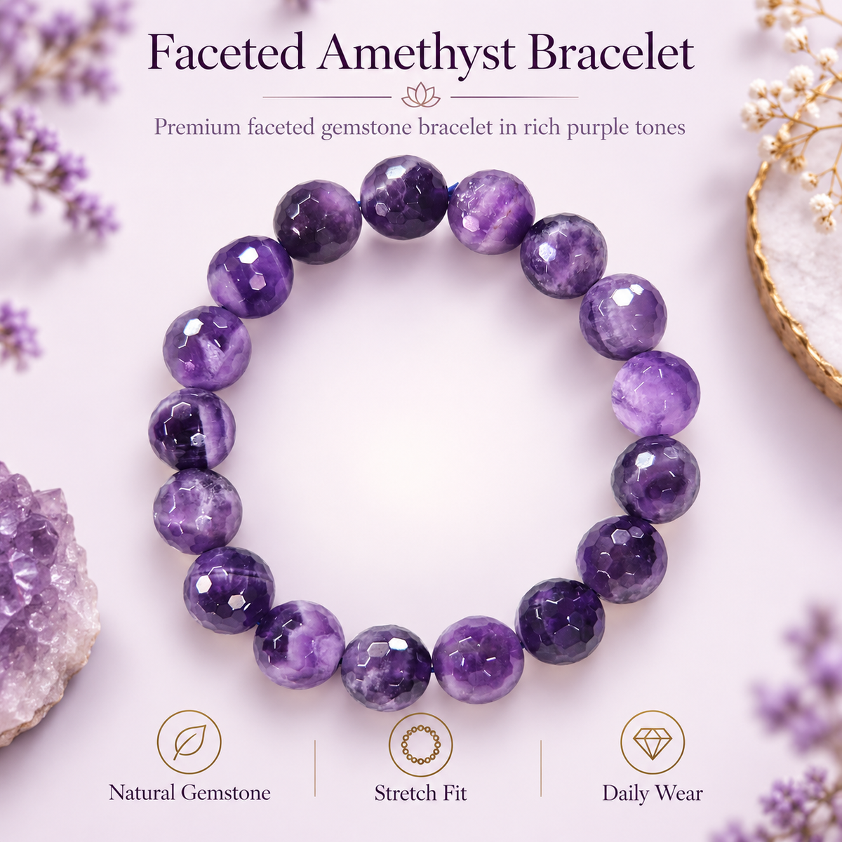 Amethyst Diamond Cut Bracelet | Purple Crystal Beads Bracelet (10MM)