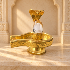 Sphatik Shivling with Golden Brass Vedi & Naag – Crystal Shiva Lingam for Puja